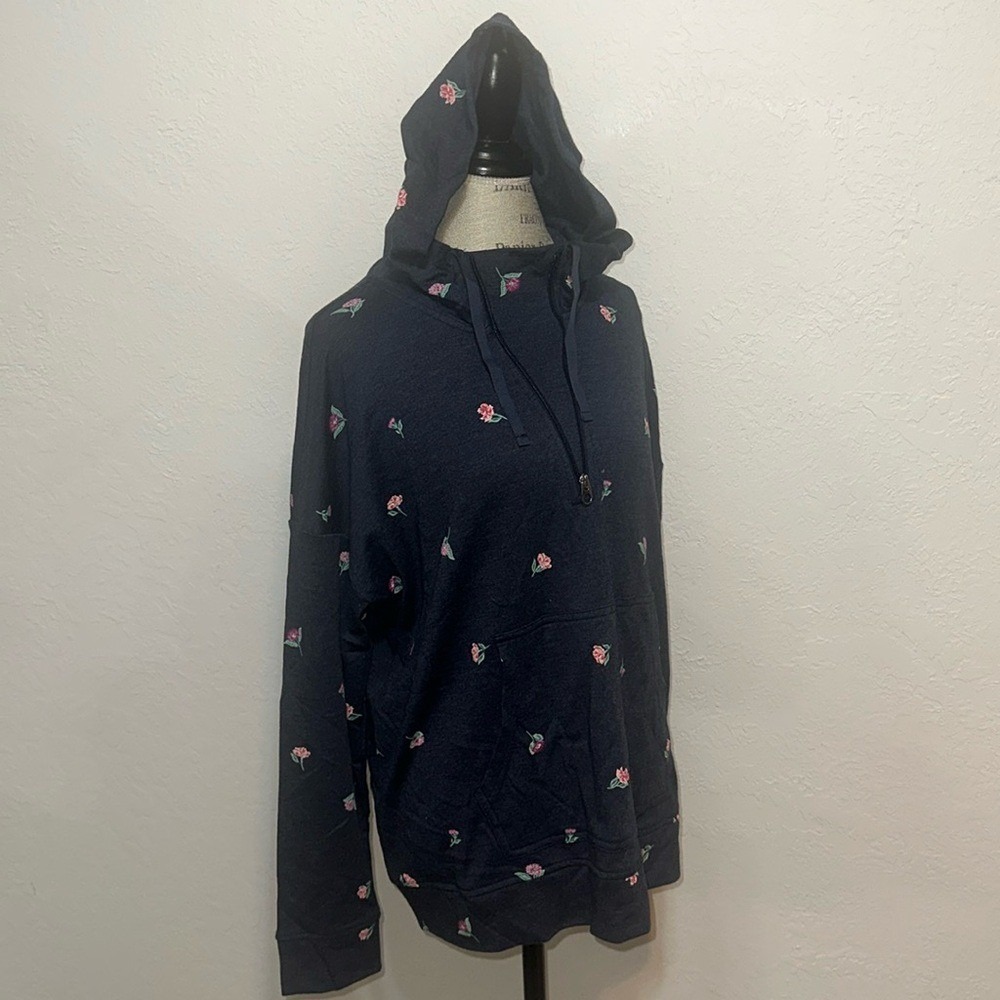 Croft & Barrow Womens XL Navy Blue Floral Embroidered Quarter Zip Hoodie NWT